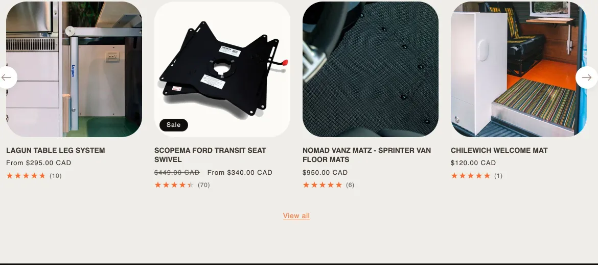 Nomad Vanz top picks: Lagun table leg system, Scopema seat swivel, Sprinter van floor mats and Chilewich welcome mat